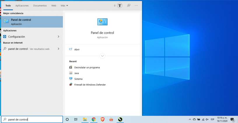 Buscar el panel de control en Windows 10